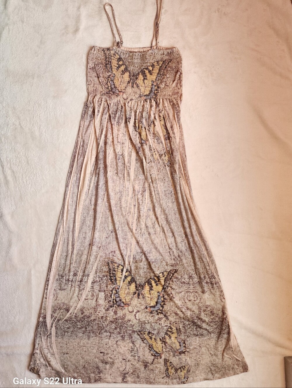 India Boutique Beige Butterfly-Print Spaghetti-Strap Maxi Dress